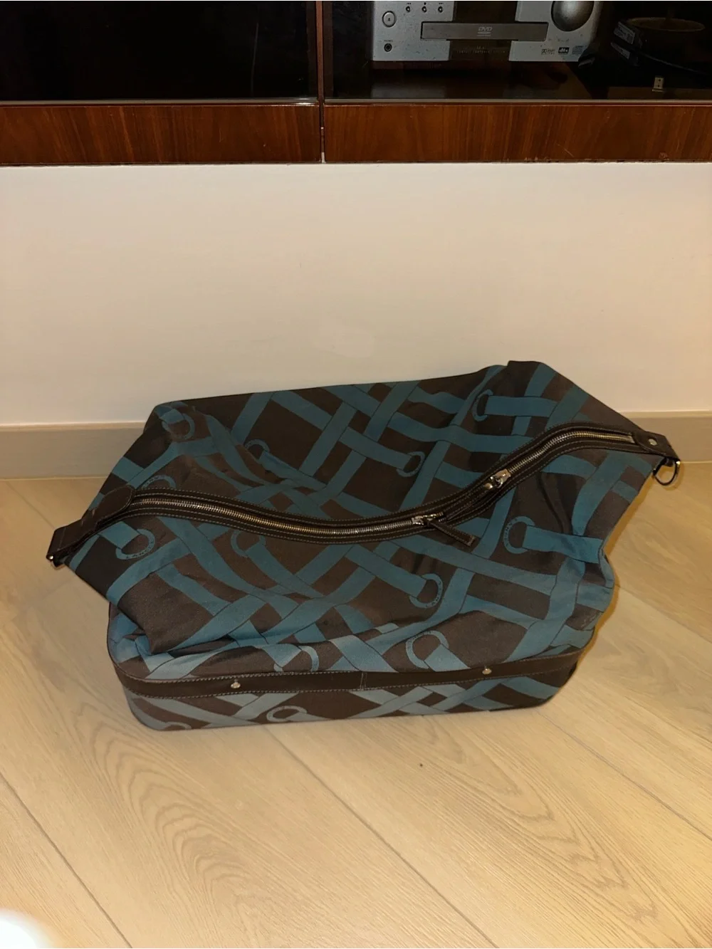 Lancel Teal & Brown Patterned Travel Case with Leather Trim